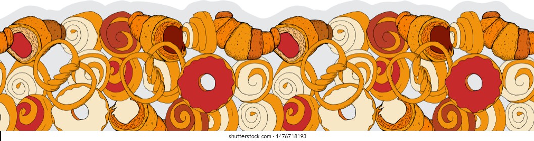 Bread seamless border. Whole grain, wheat and rye bread, toast, pretzel, ciabatta, croissant, bagel, french baguette, cinnamon bun. Endless pattern. Vector illustration in flat style