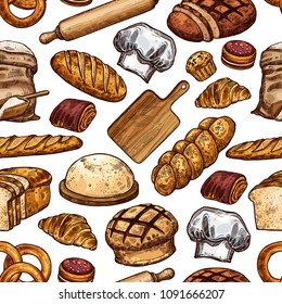 Bread seamless pattern background of bakery and pastry food. Wheat and rye bread loaf, croissant and baguette, cake, cookie and cupcake, bun, toast and bagel, bakery hat and rolling pin