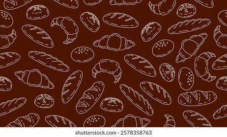 Bread seamless pattern background. Hand drawn bread line art motif wallpaper. Bake shop backdrop, packaging, food wrapper