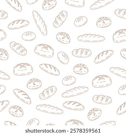 Bread seamless pattern background. Hand drawn bread motif wallpaper. Bakery, bake shop backdrop or food wrapper