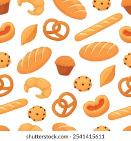 Bread seamless pattern. Bakery, cafe, store print with different pastry. French baguette, bun rolls, muffin bagel and croissant. Neoteric vector background