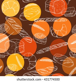 Bread, seamless pattern with bakery products, french baguette, croissant and bun.