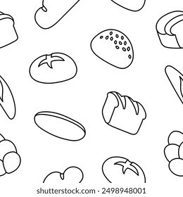 Bread. Seamless pattern. Coloring Page. Loaf food, bakery baget, pastry grain. Hand drawn style. Vector drawing. Design ornaments.