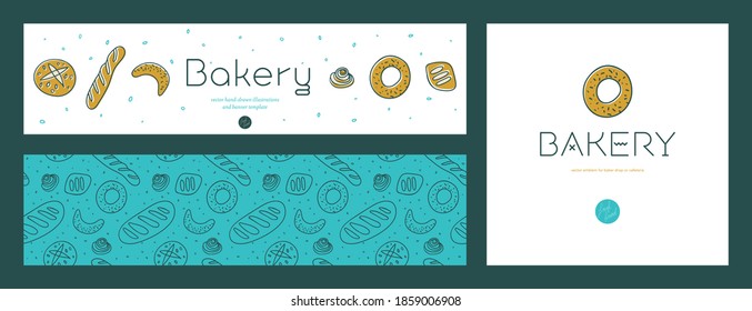 Bread seamless pattern with hand-drawn illustrations, culinary blog background. Vector flat bakery banners design and branding elements, bakery cards template for bread shop on light background.