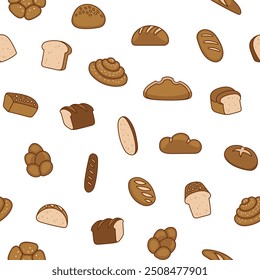 Bread. Seamless pattern. Loaf food, bakery baget, pastry grain. Hand drawn style. Vector drawing. Design ornaments.