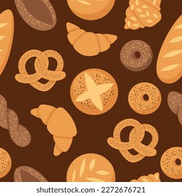 Bread seamless pattern. Vector bakery pastry products - rye, wheat and whole grain bread, french baguette, croissant, bagel, roll, donut, bun, loaf wicker bun flat illustration isolated on background