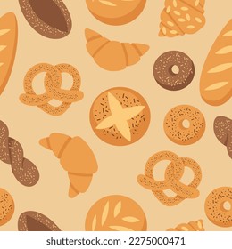 Patrón sin fisuras de pan. Productos de pastelería de panadería vectorial - centeno, trigo y pan de grano entero, baguette francesa, cruasán, bagel, bobina, donut, bollo, panecillo de mimbre de hoja ilustración plana aislado en el fondo