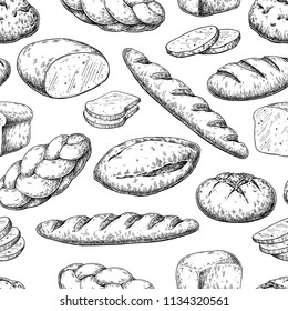 Bread seamless pattern. Vector drawing. Bakery product sketch background. Vintage food illustration for shop, bread house label, menu or packaging design.