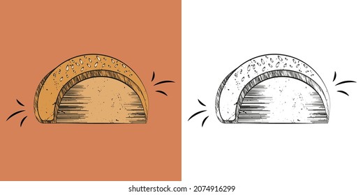 Brot mit Sesamsamen. Vektorgrafik auf Schwarz-Weiß und Farbe.