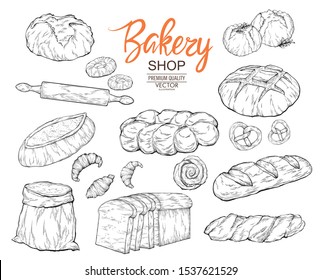 Bread set for bakery and pastry shop template.Fresh rye,whole grain and wheat bread,baguette,croissant,bun,cupcake,cookie,pretzel,roll,muffin,pita,ciabatta,bagel,toast bread.Hand drawn vector