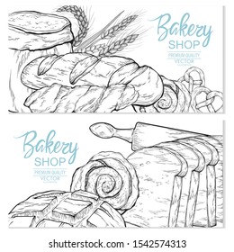 Bread set for bakery and pastry shop template.Fresh rye,whole grain and wheat bread,baguette,croissant,pita,ciabatta,bagel.For packing.Banner design. Bread  illustration in vintage style. 