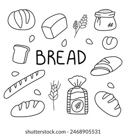 Bread set in doodle style. Isolated on white background