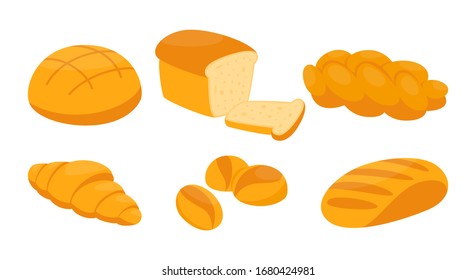 Juego de pan. Panadería fresca, pan, bagel, bollos y baguette. Alimentación sana y nutrición natural. Ilustración aislada al estilo de las caricaturas