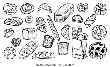 Conjunto de pan dibujado a mano doodle. Bollo al horno. Panadería. Pan. Baguette, croissant, tostadas. Pastel de masa de trigo. Comida dulce. Pastelería casera. Postre de galleta de azúcar. Vector boceto línea ilustración de arte.