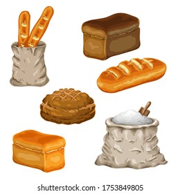 bread set isolated on white. collection of various loaves of bread. vector illustration. wheat, rye, whole grain, french baguette, flour bag icons. Color clipart for logo, bakery labels or menu design