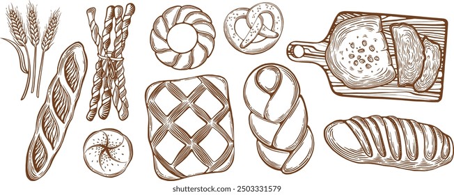 Bread set on a white background vector. Sketch. Line art. Bakery products - whole wheat bread, sliced bread, bread sticks, bagel, French baguette, bun, loaf, pretzel, pigtail, cutting board