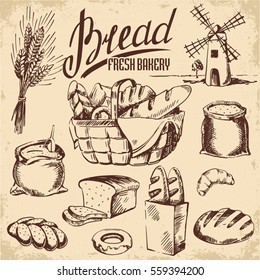 Bread set. Pen sketch converted to vectors. Vintage bakery graphic design.