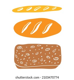 Brotset Draufsicht. Farbige Papierschnitt-Kollektion von Backwaren einzeln auf weißem Hintergrund. Doodle handgezeichnete Backwaren Symbole. Vektorgrafik