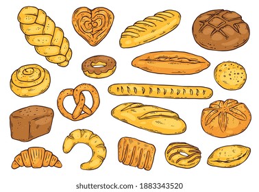 Bread set. Various bakery food, dessert, croissant, wheat sweet bake and loafs. Icons for menu logo or web. Vector sketch doodle illustration on a white background.