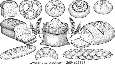 bread, set, vector, food, illustration, collection, engraving, product, croissant, type, flour, baguette, pastry, loaf, vintage, fresh, rye, menu, isolated, vignetting, hand, sketchy, bakery, drawn, c