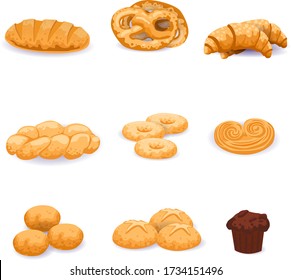 bread set vector illustration cartoon style isolated on white background, sweet pastry croissant, loaf, cupcake, donut