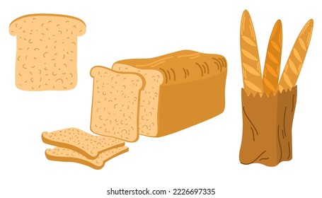 Bread set. Whole grain, yeast baked bread. food sign. Ideal for cafe, restaurants, food shops and printing. Vector hand draw illustration isolated on the white background. 