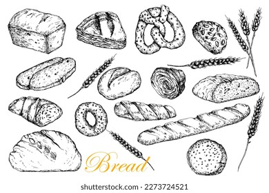 Bread Set. Whole and sliced. Cereal buns. Brenzel. Bag of flour. Bread ears.Vector hand drawn illustration in graphic style. Black and white sketch. Isolated on white .Design for packaging, labels 