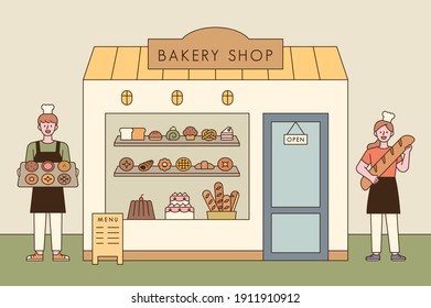 A Bread Shop And A Baker Character With Delicious Bread. Man And Woman Bakers Greet In Front Of The Bakery With Bread. Flat Design Style Minimal Vector Illustration.