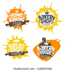 Bread shop, bakery, bakehouse home baking lettering logo label emblem design. The best recipe, chef hat, crown, whisk. Hand drawn vector illustration.