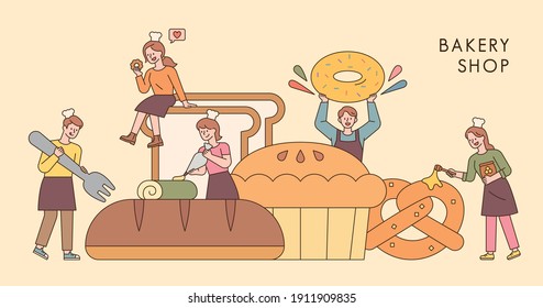 Bread shop poster. People gather around a huge bread. flat design style minimal vector illustration.