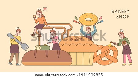 Bread shop poster. People gather around a huge bread. flat design style minimal vector illustration.