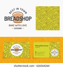 Bread shop set with logo, seamless pattern and cards for identity bakery shop, baking firm, loaf store, food market, coffee shop, cafe etc. Vector Illustration