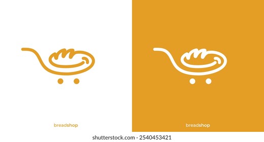 Bread Shop and Smile Logo. Bread, Trolley and Smile with Lineart Outline Style. Bakery Shop Logo, Icon, Symbol, Vector, Design Inspiration.