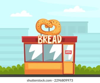 Bread Shop and Store Facade Building with Pretzel and Signboard Vector Illustration