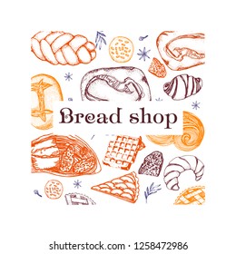 bread shop, vector illustration, hand drawing, bun, croissant, waffles