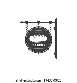 Bread shop vintage signboard isolated antique bakery signage. Vector fresh buns and loaf, baked food retro black street sign with metal chain and forged ornaments, dough bakery antique emblem