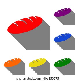 Bread sign. Set of red, orange, yellow, green, blue and violet icons at white background with flat shadow.
