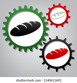 Bread sign. Vector. Three connected gears with icons at grayish background.