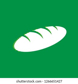 Bread sign. Vector. White flat icon with yellow striped shadow at green background.