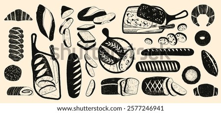 Bread silhouette. Black bakery bread icons, baked loaf baguette roll pretzel croissant bun, pastry sketch elements for bakery menu design. Vector bread isolated set.