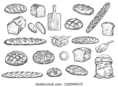 Bread sketch and baker items. Vector isolated flour bag with dough, wheat bread bagel or toast loaf and croissant or rye bun and ciabatta baguette on cutting board