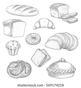 Bread sketch vector icons of wheat bread loaf, rye brick, pie or cake, croissant, chocolate muffin and donut dessert, sliced wheat bread toasts. Design for bakery, baker shop, patisserie