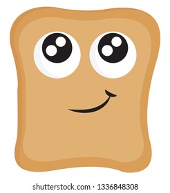 Bread slice with big eyes and smilling mouth vector illustration on white background.
