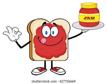 Bread Slice Cartoon Character With Jam Holding A Jar Of Jam. Vector Illustration Isolated On White Background