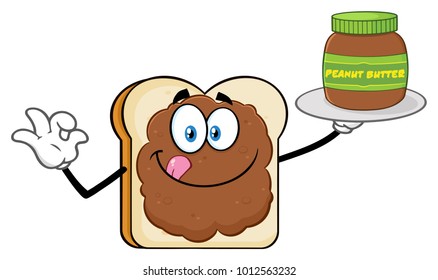 Bread Slice Cartoon Mascot Character With Peanut Butter Holding A Jar Of Peanut Butter. Vector Illustration Isolated On White Background