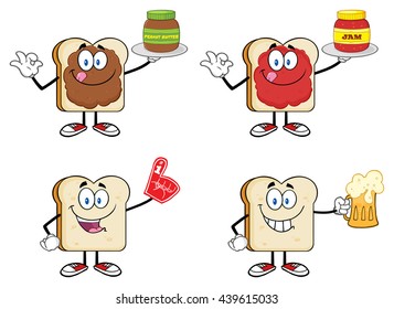 Bread Slice Cartoon Mascot Characters. Vector Illustration Isolated On White Background Collection Set 2