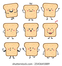 Bread slice character. Funny emotional toast in different poses. Cute cartoon childish mascot, kawaii breakfast element. Isolated food neoteric vector set