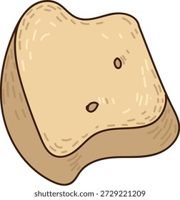 Rebanada de pan con detalle de corteza y miga, esquinas redondeadas y motas de semillas en un aspecto dibujado a mano. Símbolo del desayuno, la comodidad y la sencillez de la merienda casera. Ilustración vectorial de dibujos animados.