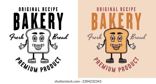 Bread slice smiling cartoon character with hands and legs vector emblem, badge, label or logo. Two styles monochrome and colored