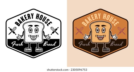 Bread slice smiling cartoon character with hands and legs vector emblem, badge, label or logo. Two styles monochrome and colored